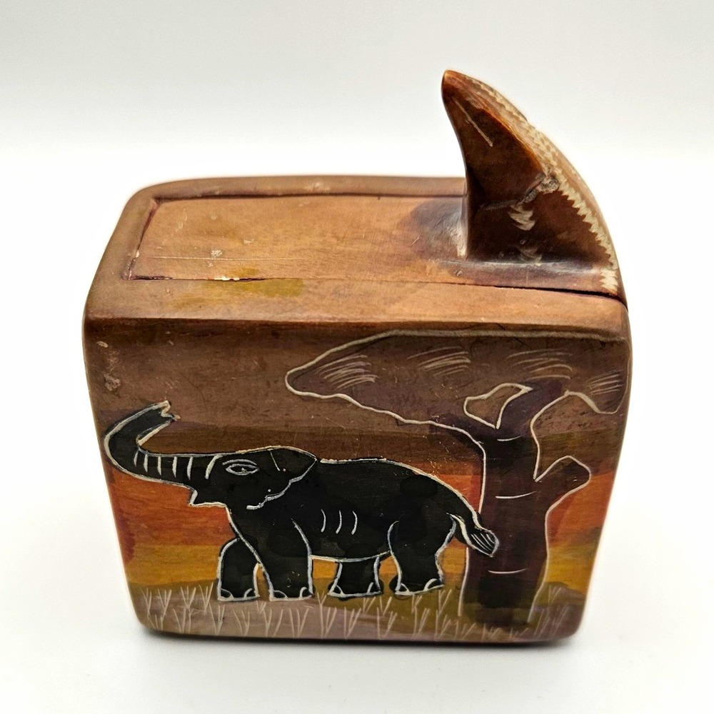 Hand Carved Soapstone Sliding Lid Elephant & Acacia Tree African Folk Art
